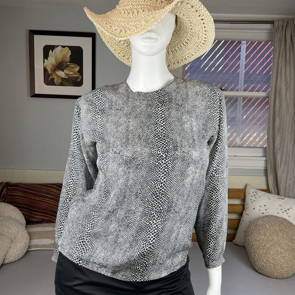 Vintage Robert Stock Limited Silk Long Sleeve Blouse Women's Med Animal Print